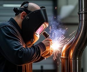 Umibe Studioのワークショップで技術者がカスタム排気システムに取り組んでいる様子